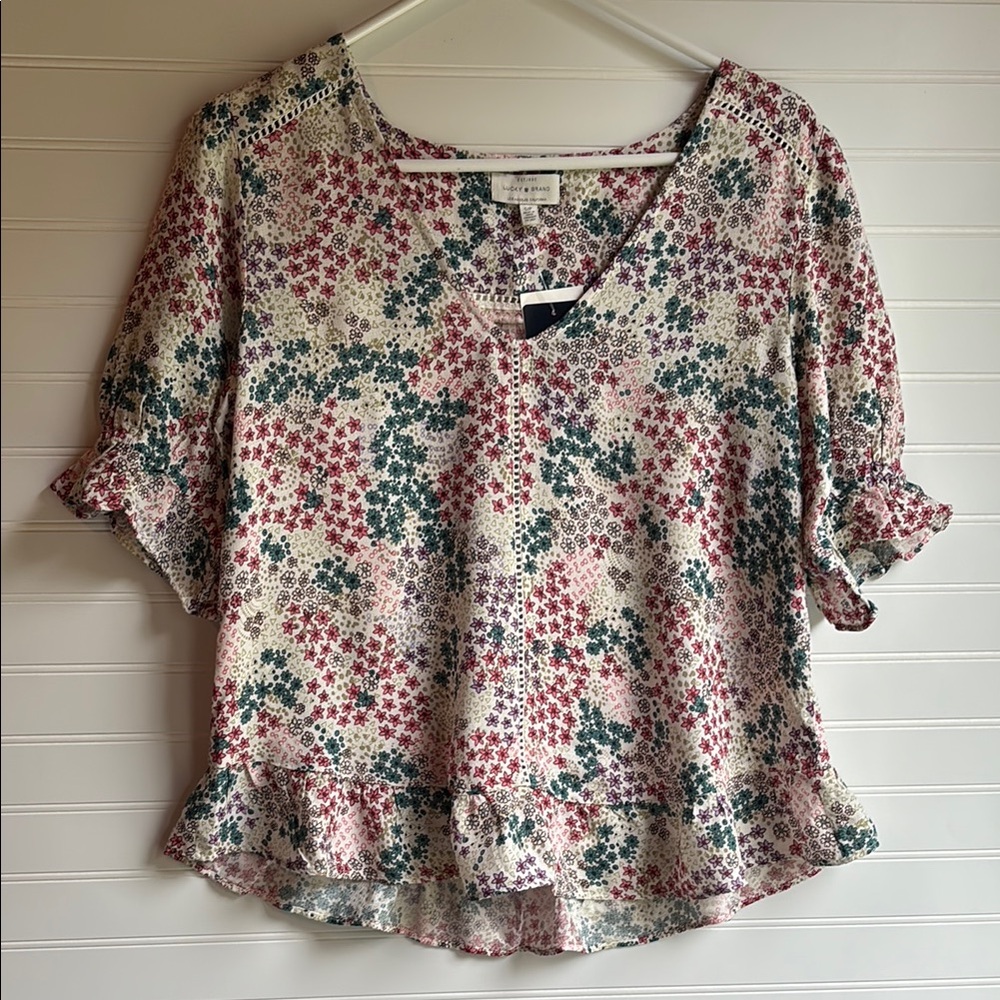 Lucky Brand Floral Print Blouse - Red, Green, Cream